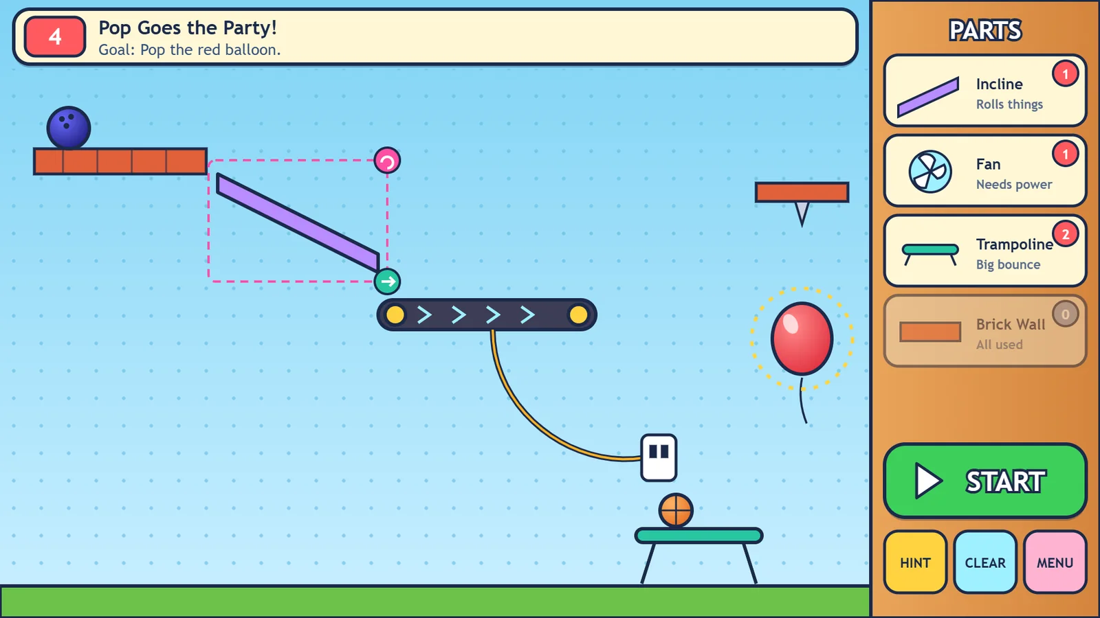 A Chain Reaction puzzle: a machine of ramps, a seesaw, a fan and a balloon, with the parts bin on the right and a green START button.