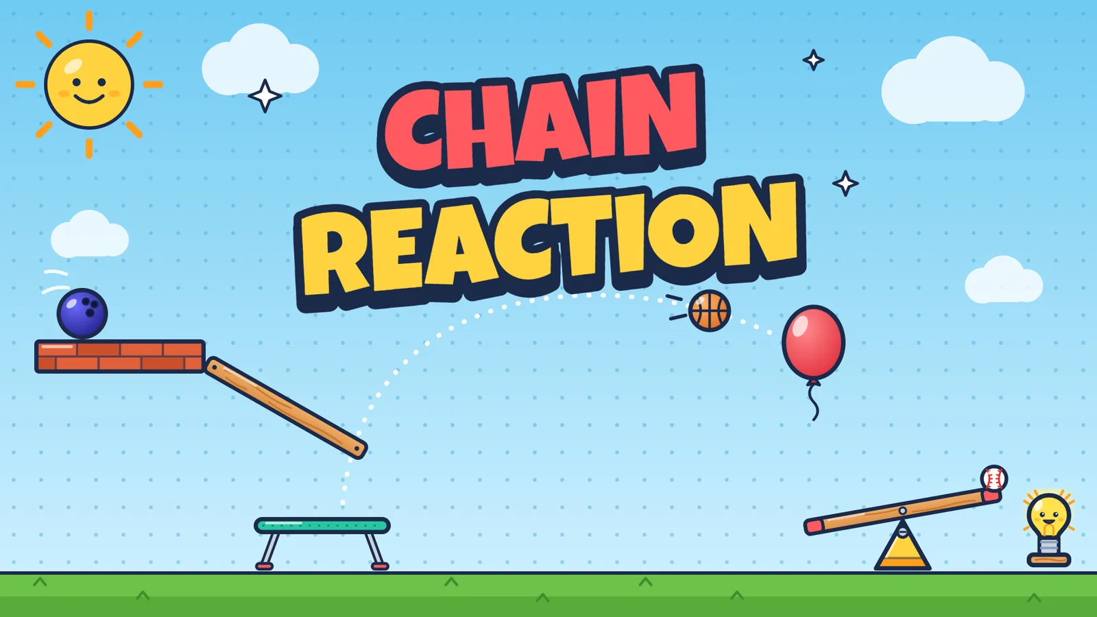 Chain Reaction's title screen: a bowling ball, a ramp, a trampoline, a balloon and a seesaw under a smiling sun.