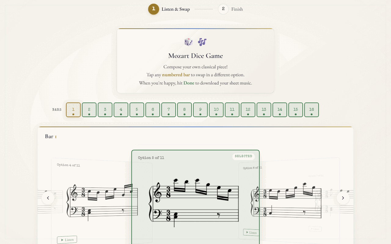 Mozart Dice Game screenshot